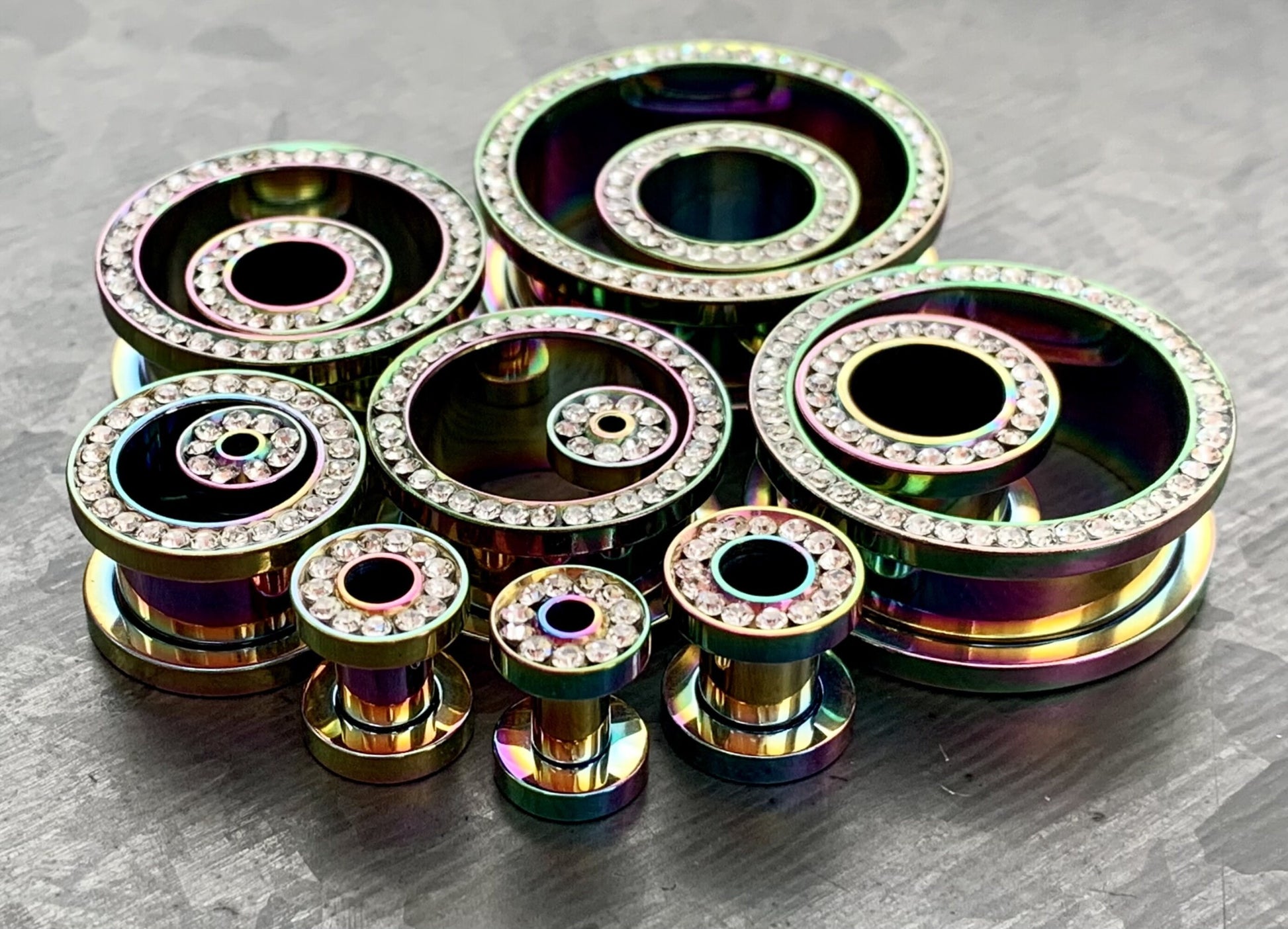 PAIR of Unique Rainbow PVD plated CZ Gem Rimmed Tunnels/Plugs - Gauge 10g (2.5mm) thru 1" (25mm) available!