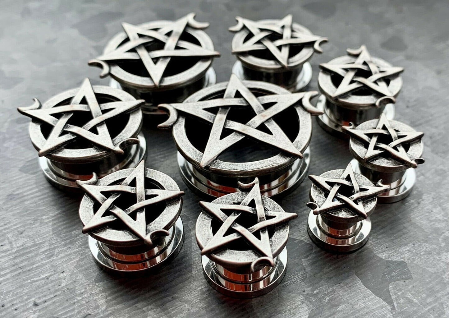 PAIR of Unique Pentagram with Two Crescent Moons Screw Fit Tunnels/Plugs - Gauges 0g (8mm) thru 1" (25mm) available!