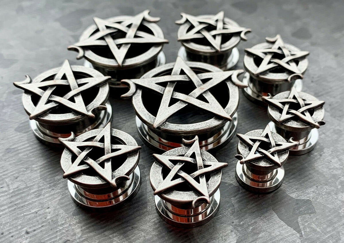 PAIR of Unique Pentagram with Two Crescent Moons Screw Fit Tunnels/Plugs - Gauges 0g (8mm) thru 1" (25mm) available!