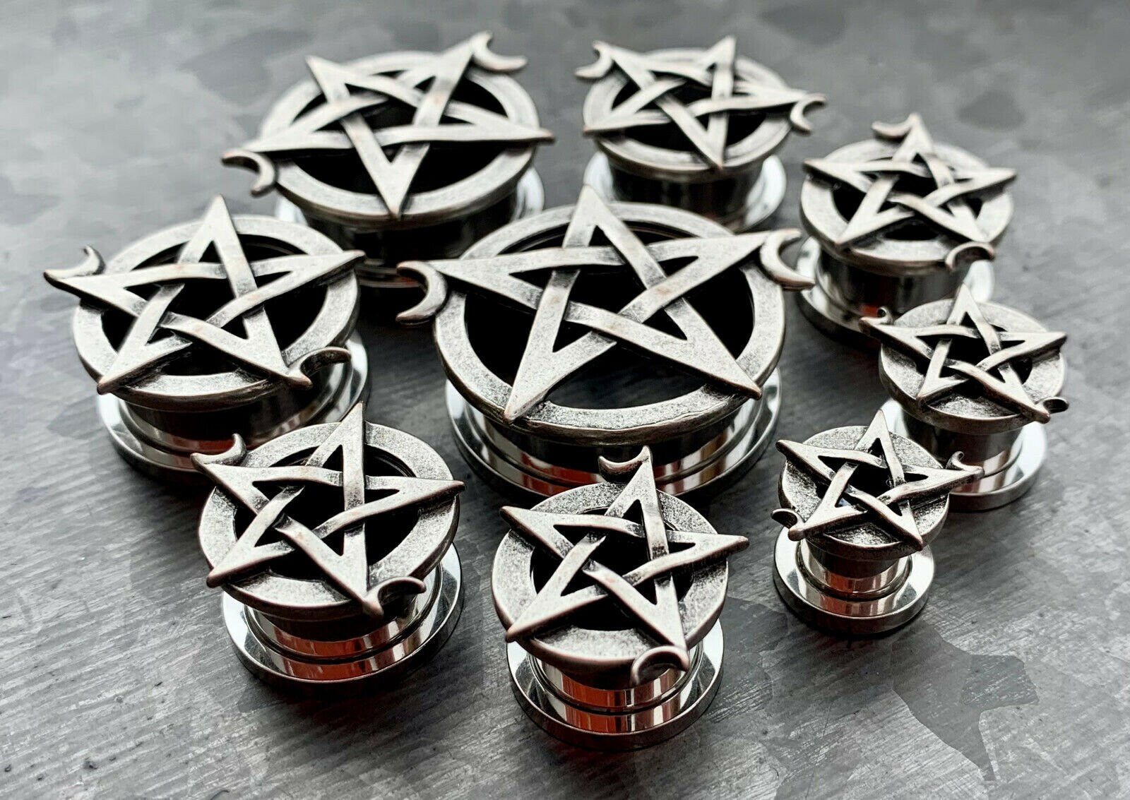 PAIR of Unique Pentagram with Two Crescent Moons Screw Fit Tunnels/Plugs - Gauges 0g (8mm) thru 1" (25mm) available!