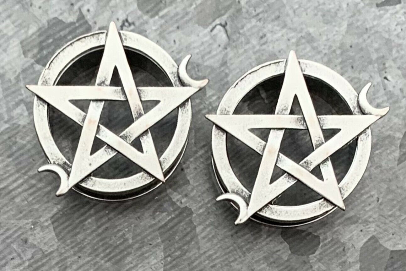 PAIR of Unique Pentagram with Two Crescent Moons Screw Fit Tunnels/Plugs - Gauges 0g (8mm) thru 1" (25mm) available!