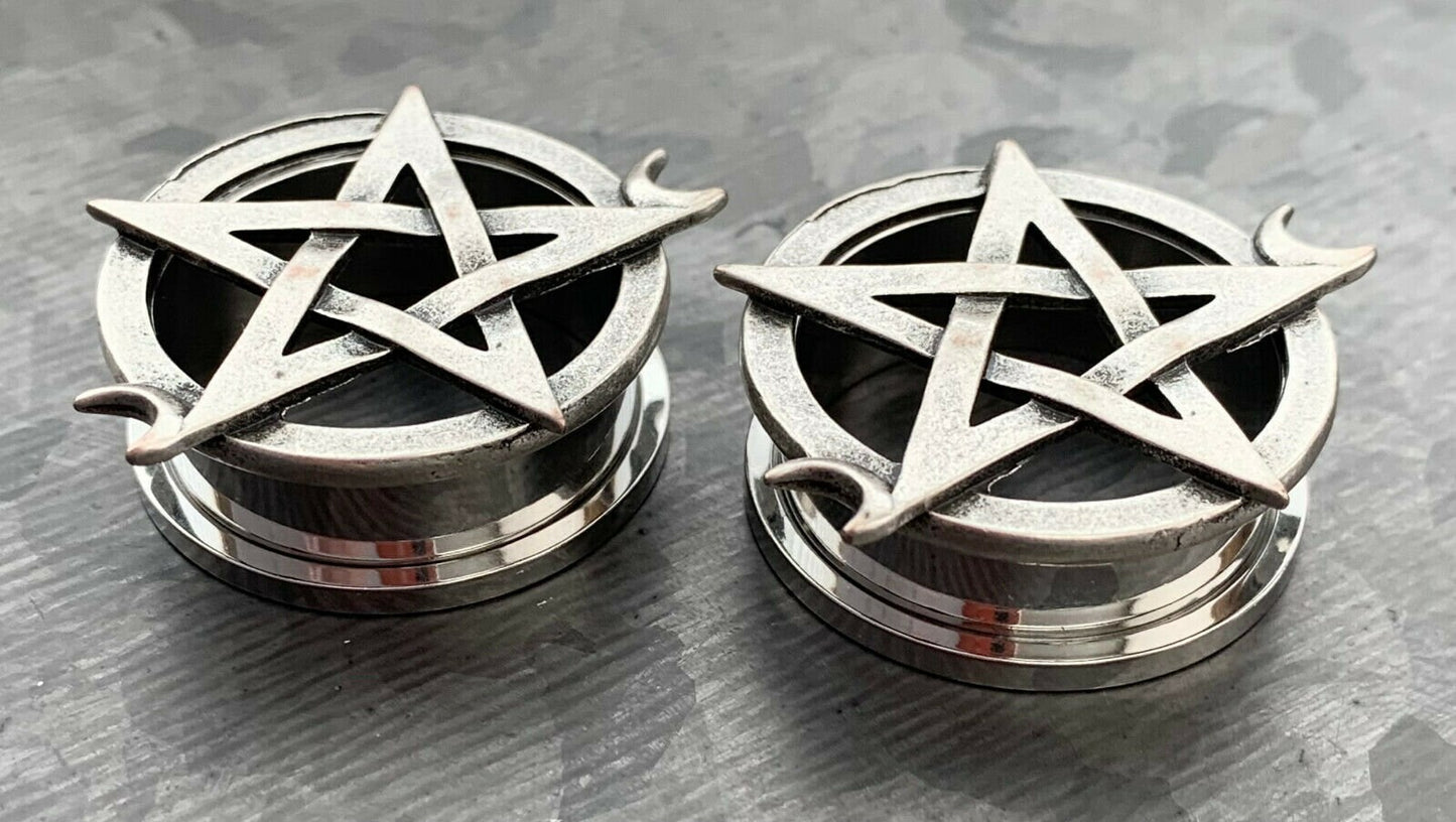 PAIR of Unique Pentagram with Two Crescent Moons Screw Fit Tunnels/Plugs - Gauges 0g (8mm) thru 1" (25mm) available!