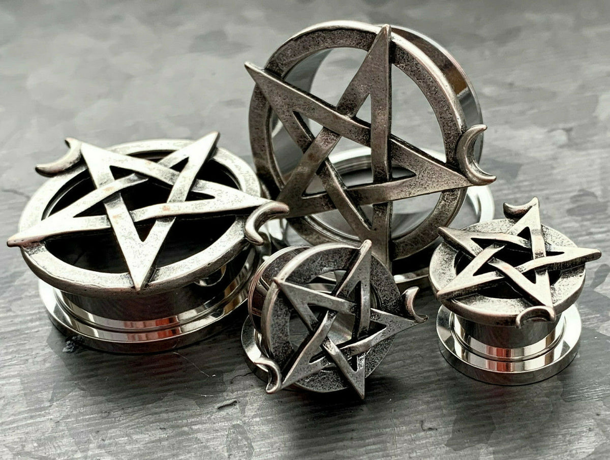 PAIR of Unique Pentagram with Two Crescent Moons Screw Fit Tunnels/Plugs - Gauges 0g (8mm) thru 1" (25mm) available!