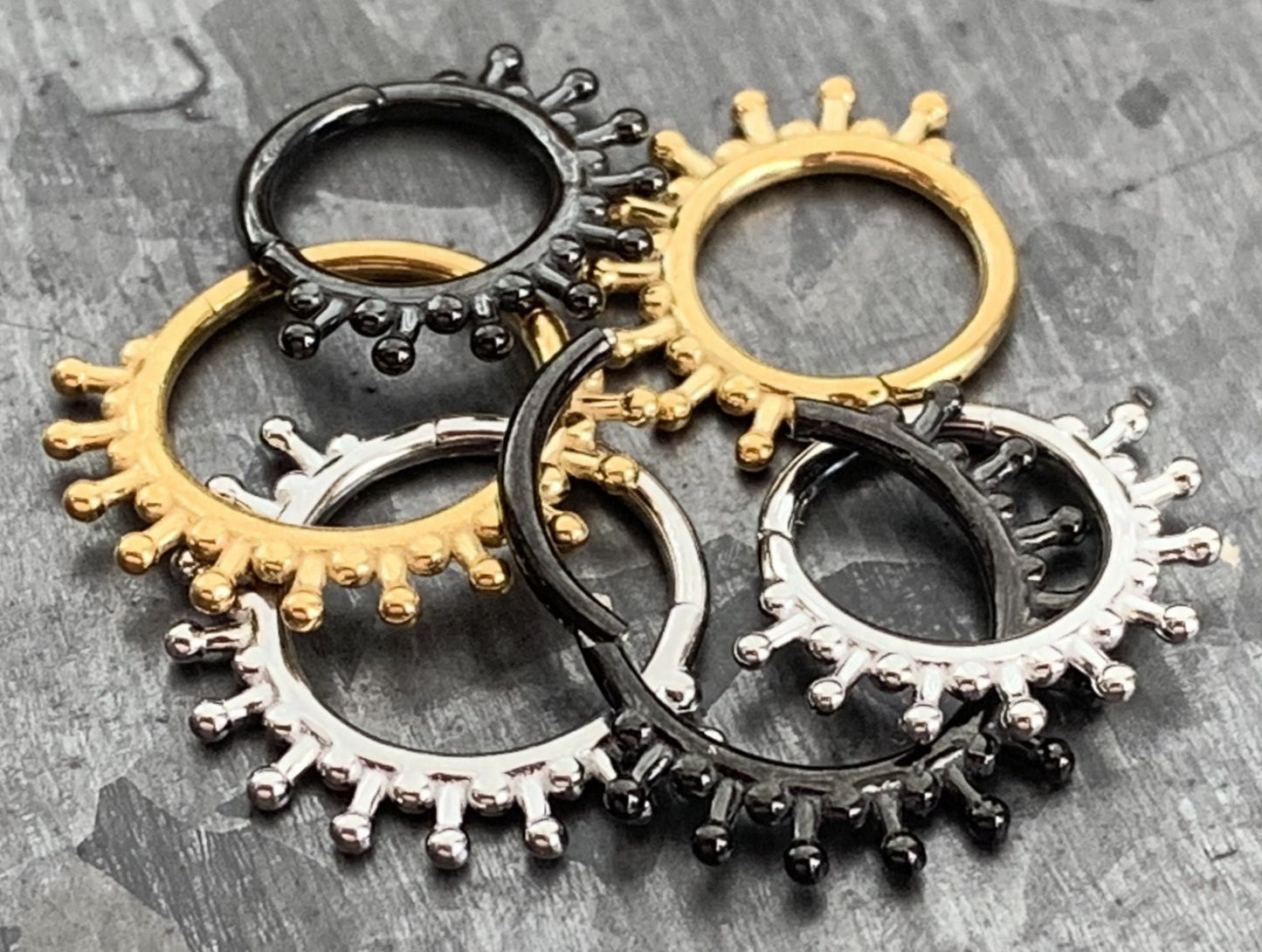 1 Piece Stainless Steel Beaded Ends Lined Hinged Septum Ring - 16g - Internal Diameter 8mm or 10mm - Black, Steel and Gold Available!