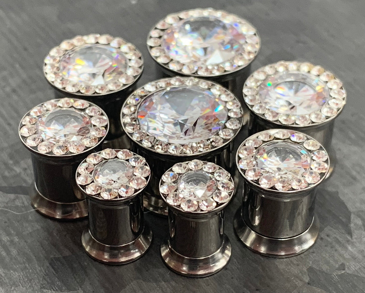PAIR of Large CZ Gem Rimmed Internally Threaded Tunnels/Plugs - Gauge 2g (6mm) thru 0000g (12mm) in Black, Gold, Rose Gold and Silver!