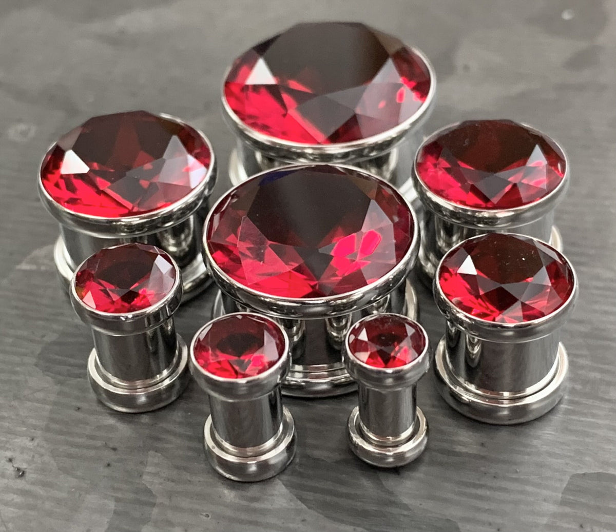 PAIR of Stunning Large Red CZ Gem Screw Fit Tunnels/Plugs - Gauges 4g (5mm) thru to 5/8" (16mm) available!