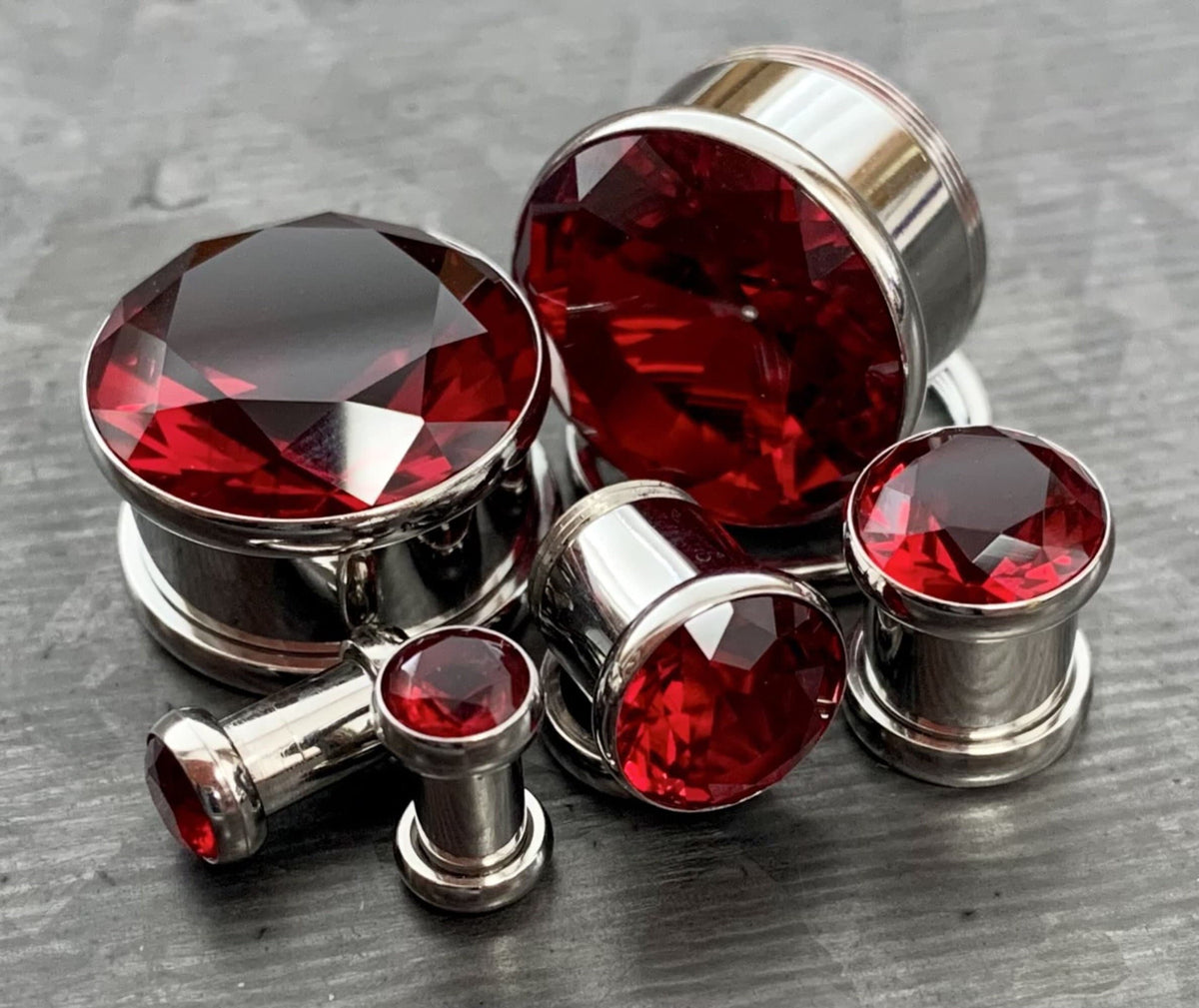 PAIR of Stunning Large Red CZ Gem Screw Fit Tunnels/Plugs - Gauges 4g (5mm) thru to 5/8" (16mm) available!