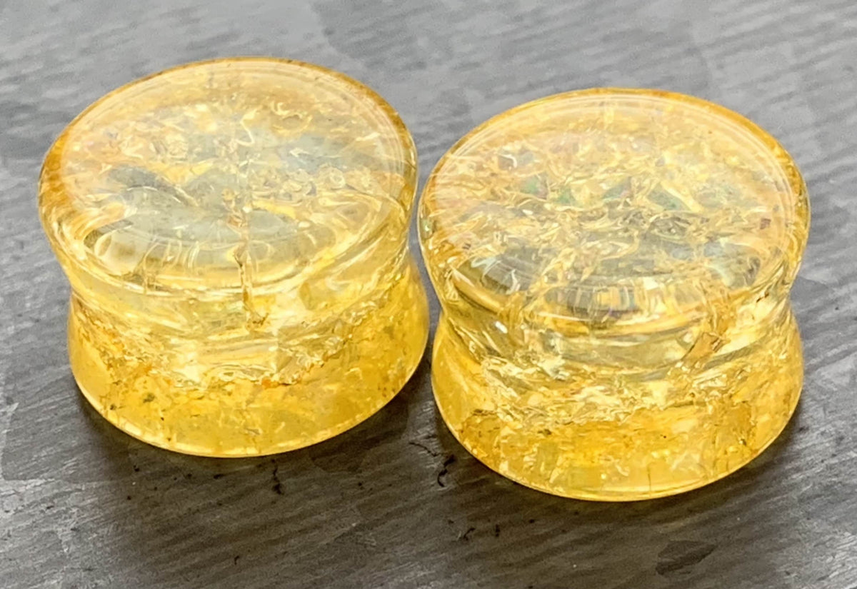 PAIR of Stunning Amber Cracked Glass Double Flare Plug - Gauges 2g (6mm) through 5/8" (16mm) available!