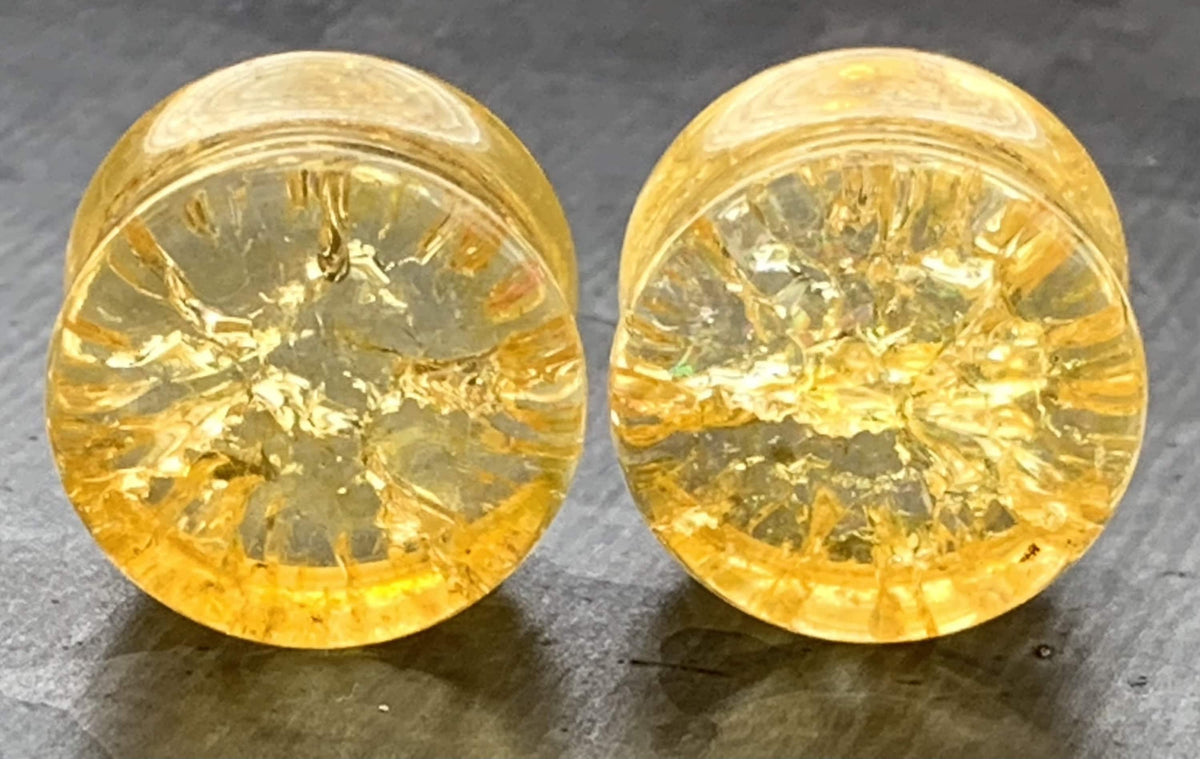 PAIR of Stunning Amber Cracked Glass Double Flare Plug - Gauges 2g (6mm) through 5/8" (16mm) available!