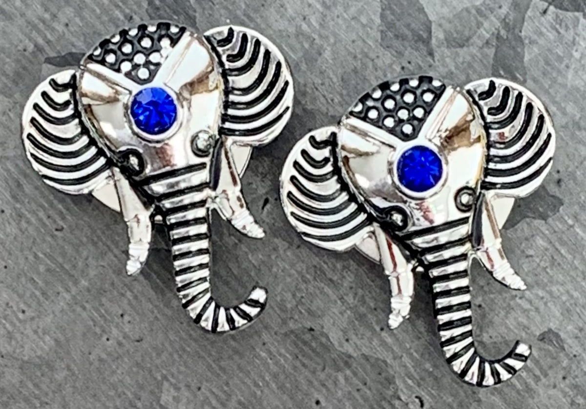 PAIR of Stunning Elephant with Sapphire Blue CZ Gem Top Gold or Steel Screw Fit Tunnel/Plugs - Gauges 8g (3mm) thru 5/8" (16mm) available!