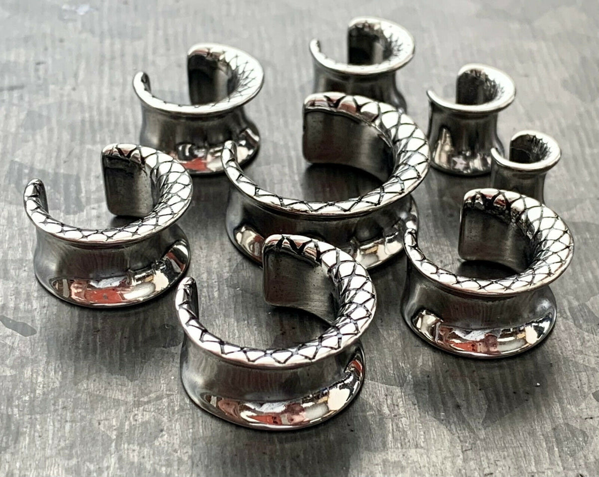 PAIR of Unique Snake Skin Style Surgical Steel Saddle Ear Spreaders Plugs - Gauges 2g (6.5mm) thru 3/4" (19mm) available!