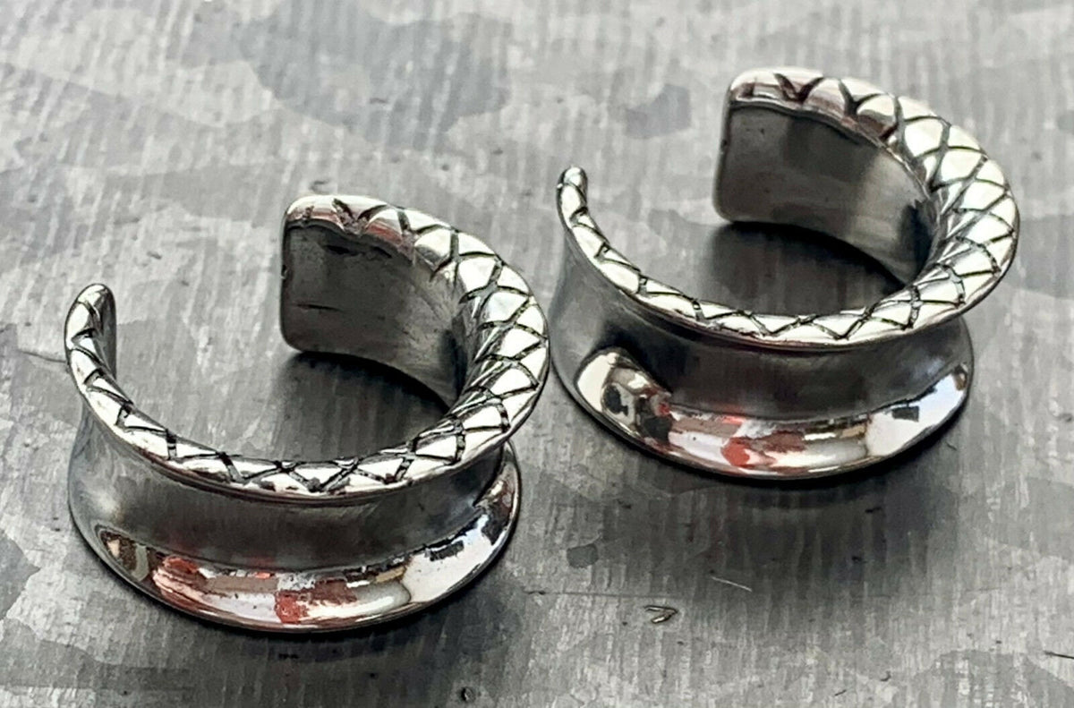 PAIR of Unique Snake Skin Style Surgical Steel Saddle Ear Spreaders Plugs - Gauges 2g (6.5mm) thru 3/4" (19mm) available!