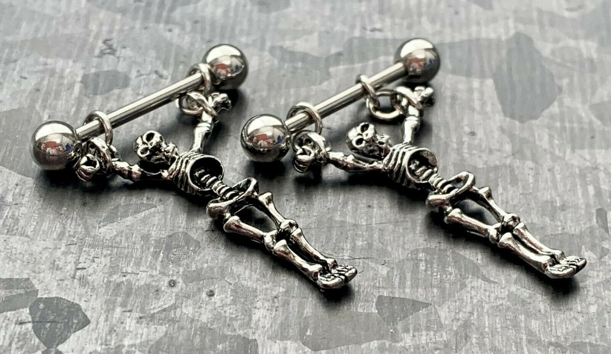 PAIR of Unique Dangling Skeleton Design Steel Nipple Barbells/Shields/Rings - Barbell 14g, 16mm (5/8"), Wearable length 14mm (916")!