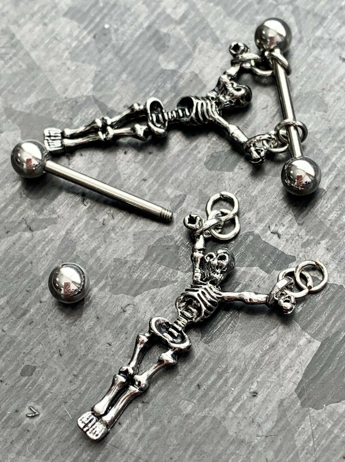 PAIR of Unique Dangling Skeleton Design Steel Nipple Barbells/Shields/Rings - Barbell 14g, 16mm (5/8"), Wearable length 14mm (916")!