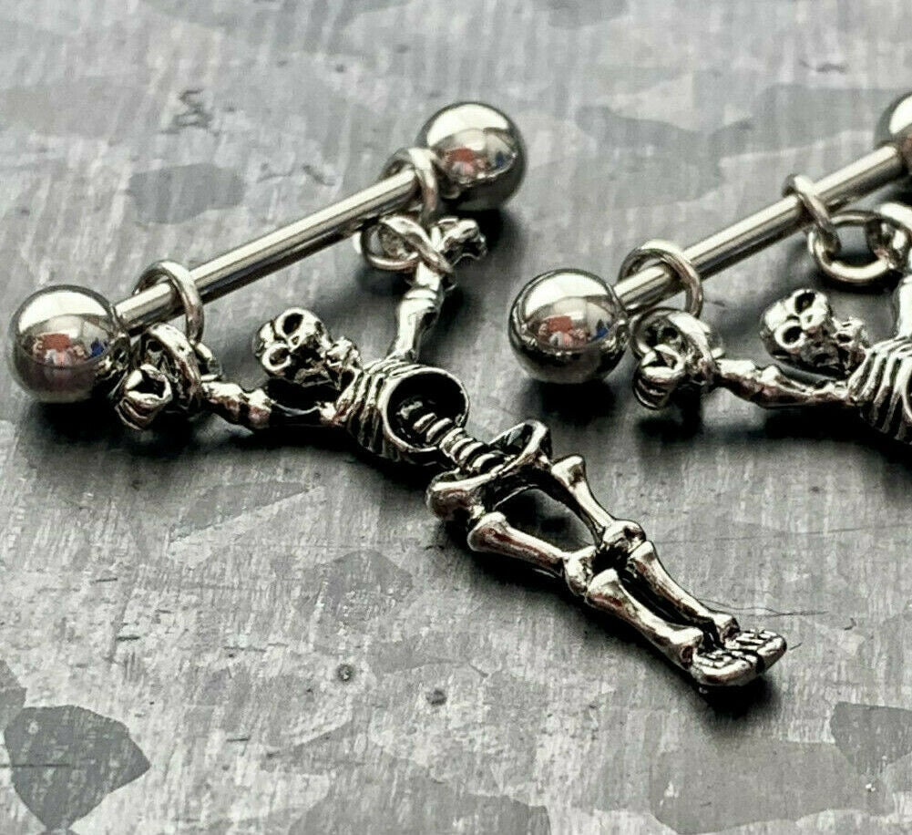 PAIR of Unique Dangling Skeleton Design Steel Nipple Barbells/Shields/Rings - Barbell 14g, 16mm (5/8"), Wearable length 14mm (916")!