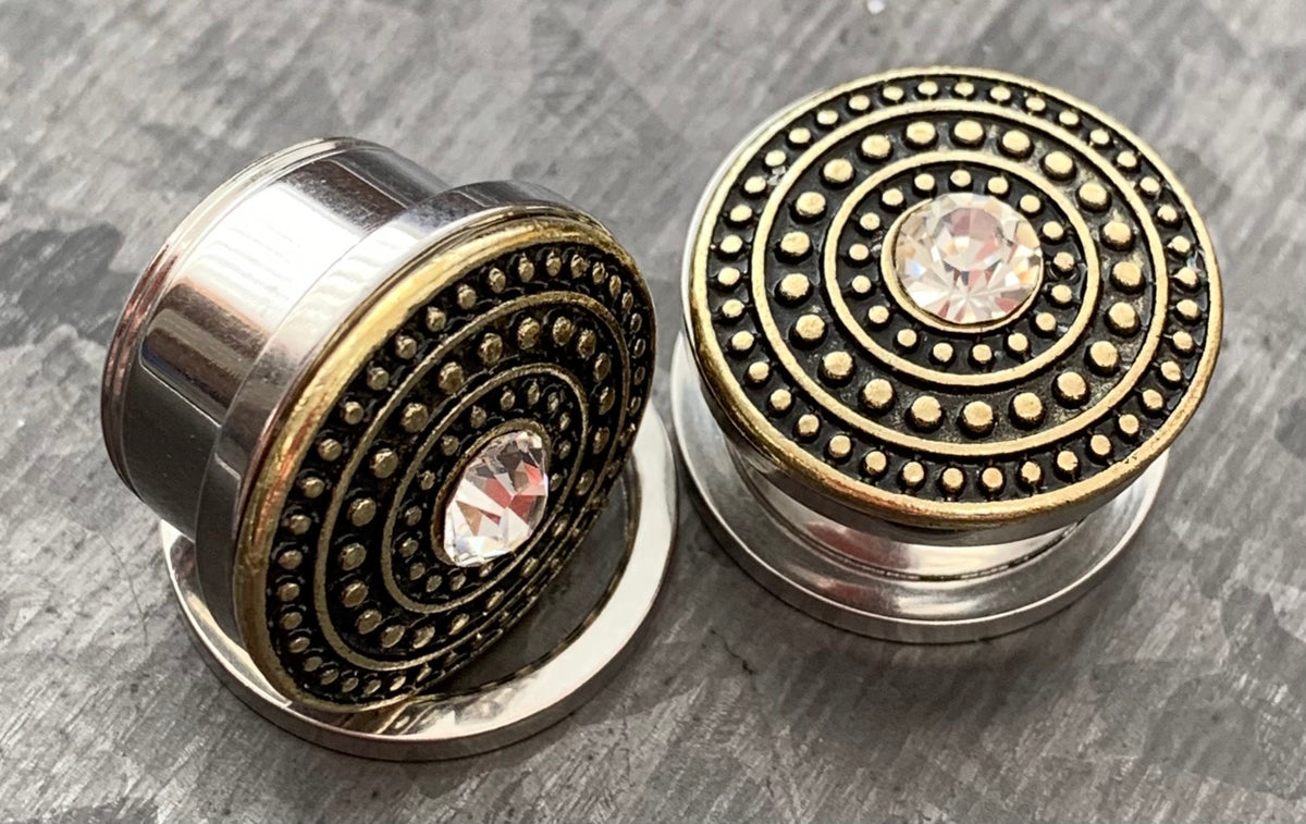 PAIR of Unique Shield Center CZ Gem Double Flare Gold or Silver Steel Tunnels/Plugs - Gauges 4g (5mm) thru 5/8" (16mm) Available!