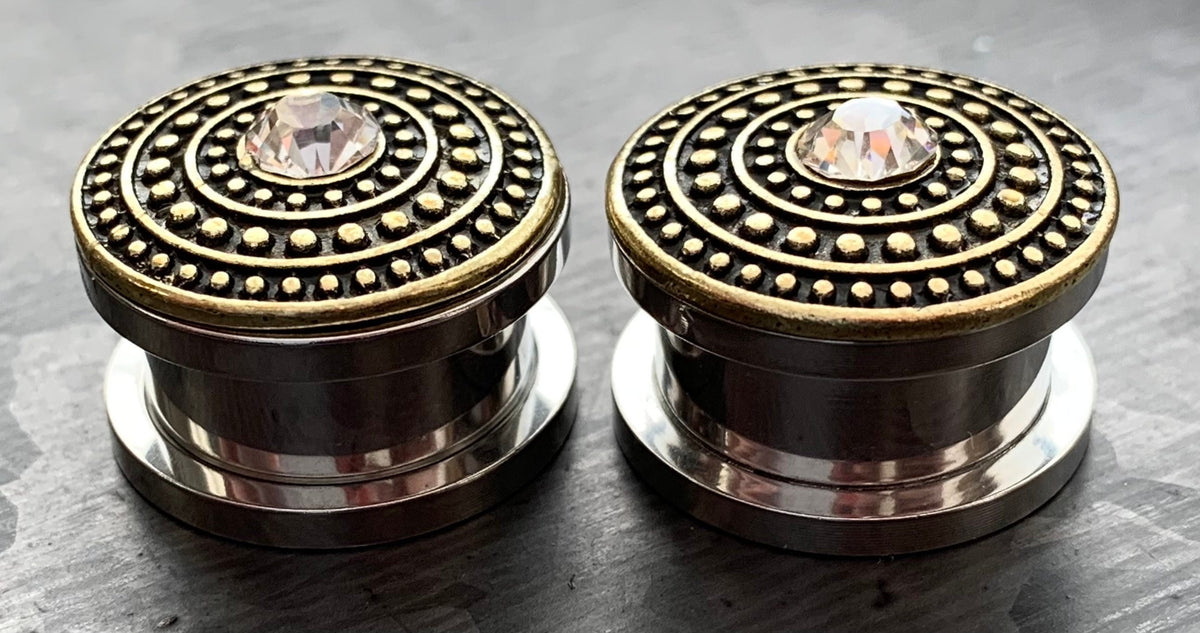 PAIR of Unique Shield Center CZ Gem Double Flare Gold or Silver Steel Tunnels/Plugs - Gauges 4g (5mm) thru 5/8" (16mm) Available!