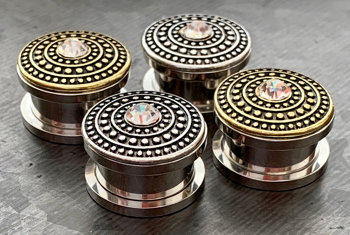 PAIR of Unique Shield Center CZ Gem Double Flare Gold or Silver Steel Tunnels/Plugs - Gauges 4g (5mm) thru 5/8" (16mm) Available!