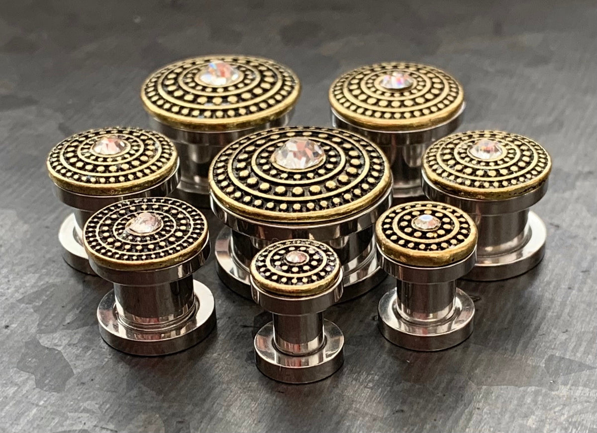PAIR of Unique Shield Center CZ Gem Double Flare Gold or Silver Steel Tunnels/Plugs - Gauges 4g (5mm) thru 5/8" (16mm) Available!