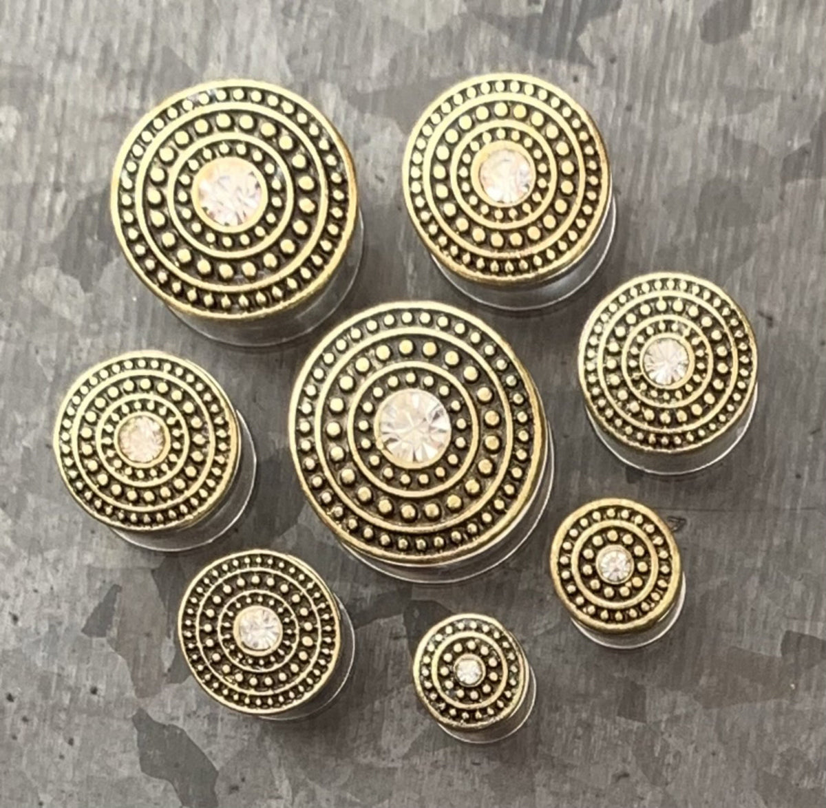 PAIR of Unique Shield Center CZ Gem Double Flare Gold or Silver Steel Tunnels/Plugs - Gauges 4g (5mm) thru 5/8" (16mm) Available!