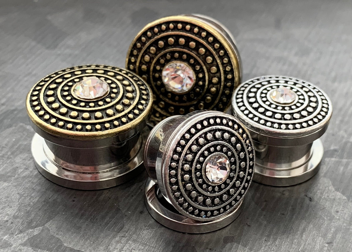 PAIR of Unique Shield Center CZ Gem Double Flare Gold or Silver Steel Tunnels/Plugs - Gauges 4g (5mm) thru 5/8" (16mm) Available!