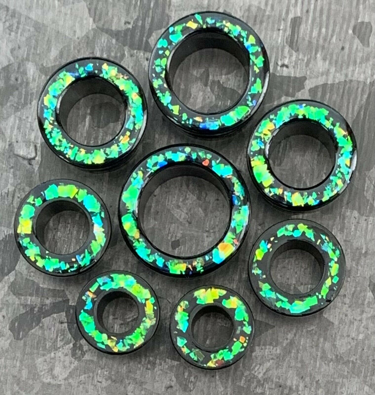 PAIR of Stunning Green Opal Glitter Rimmed Black Screw Fit Tunnels/Plugs - Gauges 0g (8mm) thru 5/8" (16mm) available!