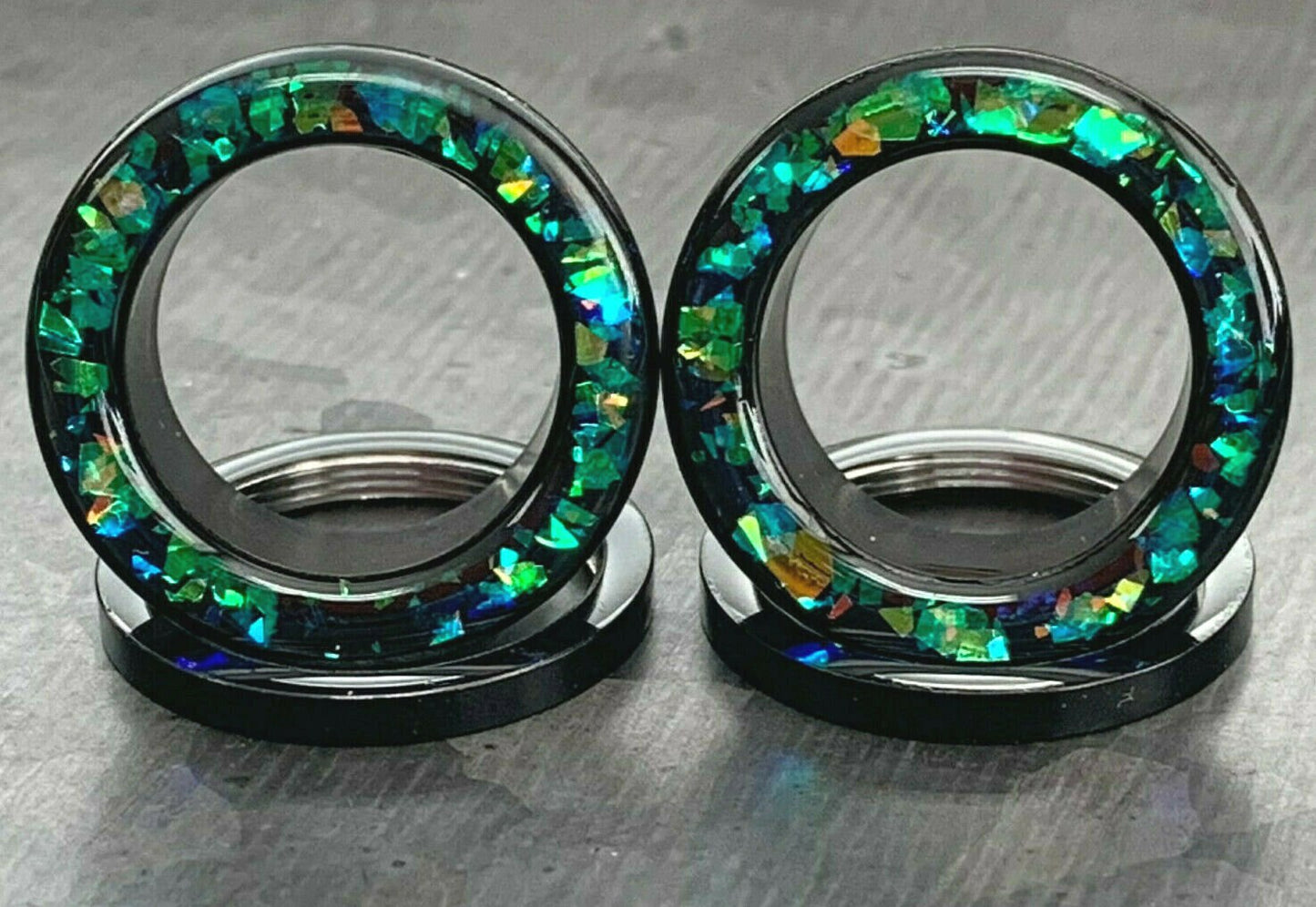PAIR of Stunning Green Opal Glitter Rimmed Black Screw Fit Tunnels/Plugs - Gauges 0g (8mm) thru 5/8" (16mm) available!