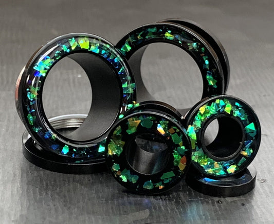PAIR of Stunning Green Opal Glitter Rimmed Black Screw Fit Tunnels/Plugs - Gauges 0g (8mm) thru 5/8" (16mm) available!