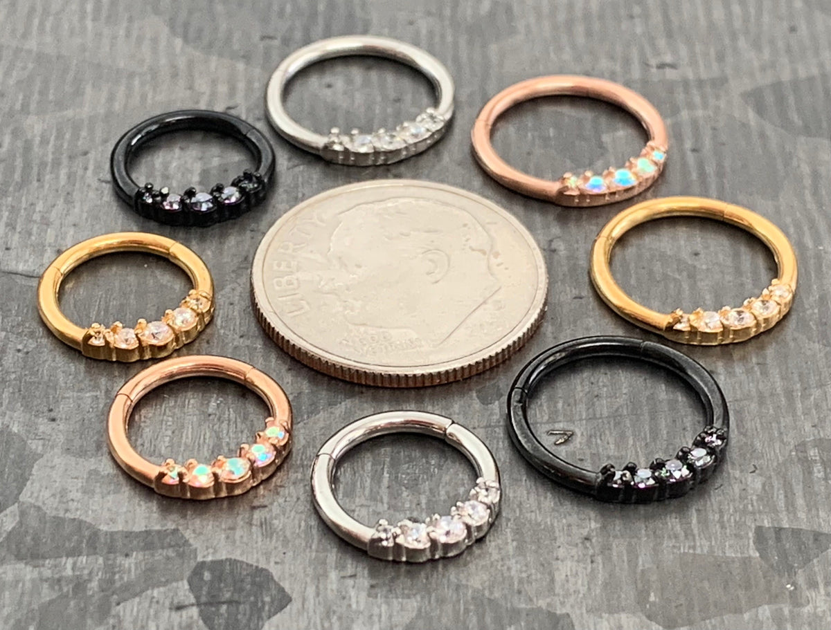 1 Piece Brilliant Five CZ Gem Stainless Steel Hinged Segment Septum Ring - 16g - 10mm or 8mm - Silver, Gold, Rose Gold & Black available!
