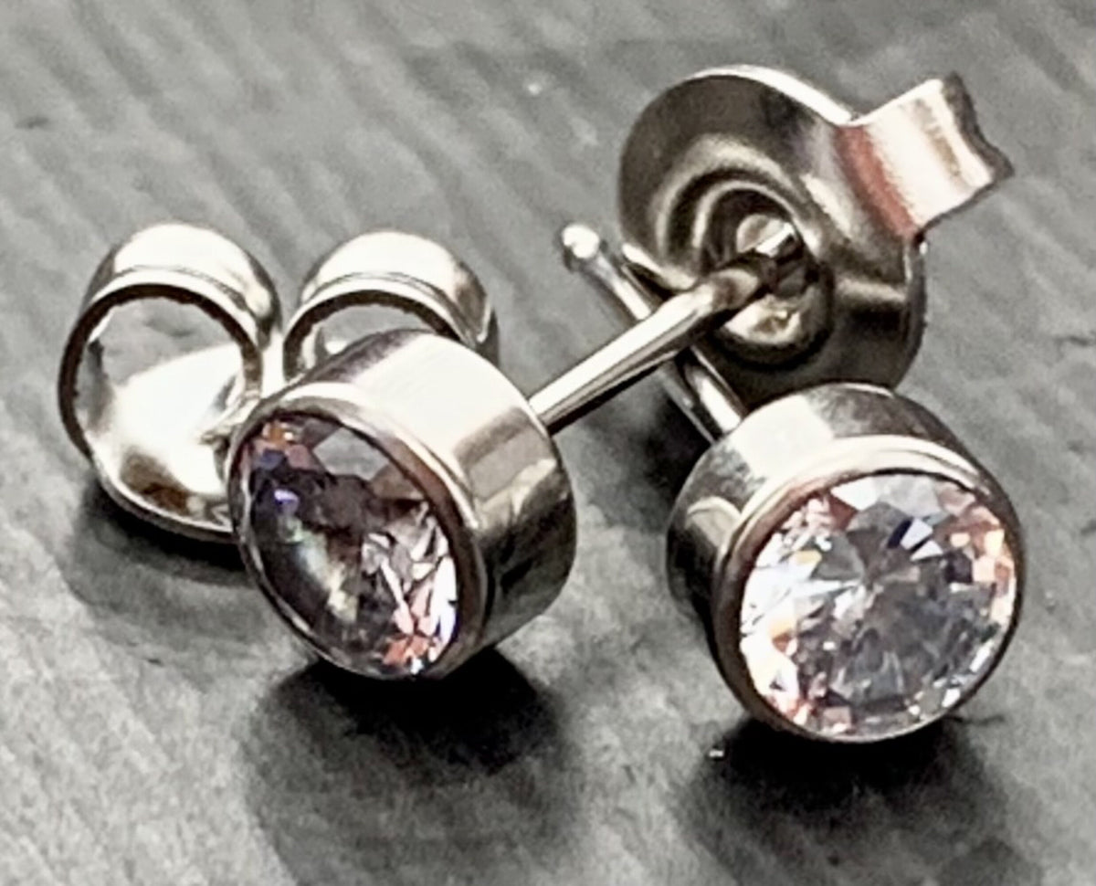 PAIR of Stunning Bezel Set CZ Gem 6AL-4VELI ASTM F136 Implant Grade Titanium Stud Earrings - 2.5mm thru 5mm Available!