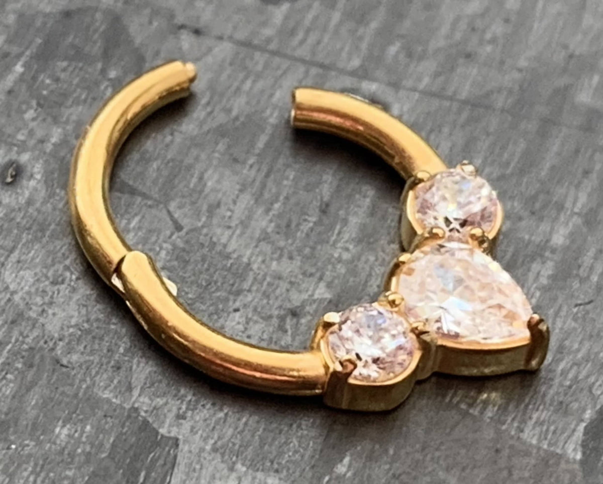 1 Piece Stunning Pear CZ Gem Surgical Steel Hinged Segment Ring - 16g - 8mm Internal Diameter - Gold, Rose Gold and Silver!!