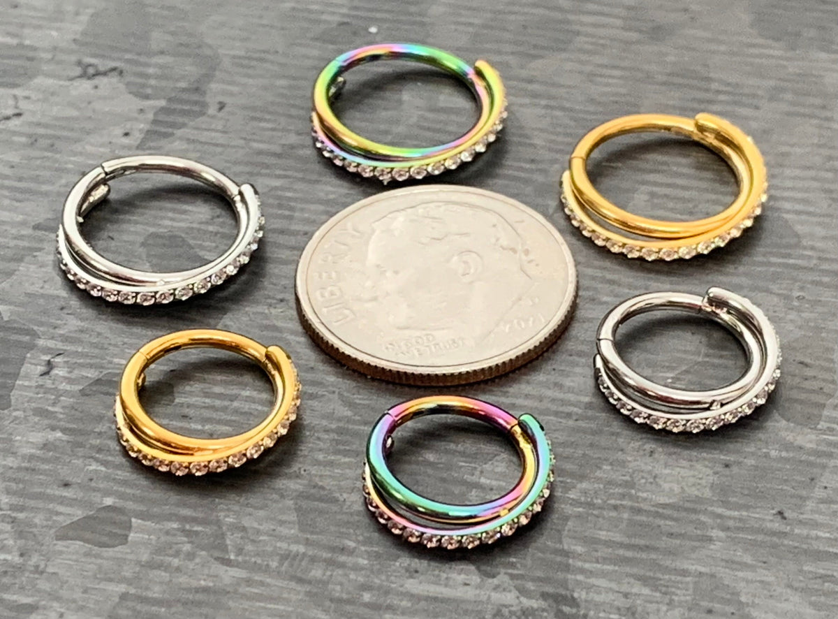 1 Piece Stunning Criss Cross Hoop CZ Gem Steel Hinged Segment Ring - 16g - 8mm or 10mm - Multi-Color, Gold and Silver available!