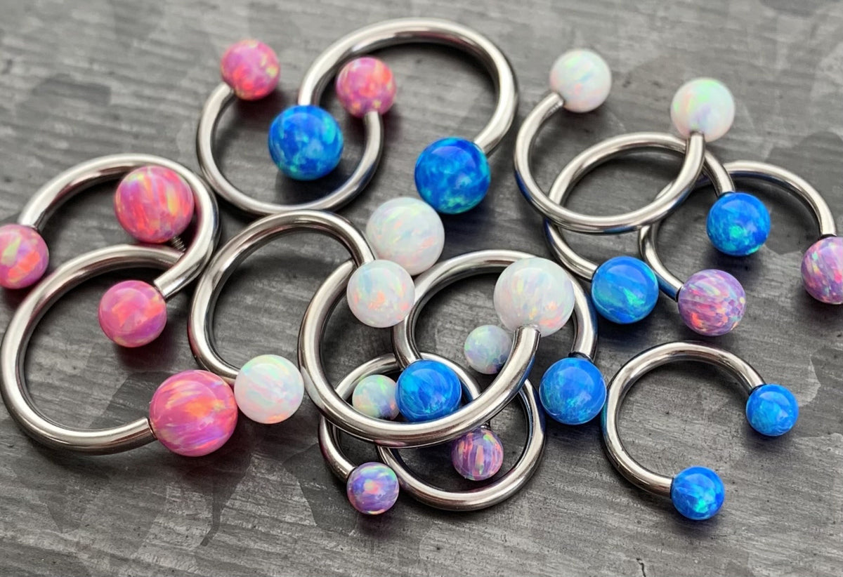 1 Piece of Opal Balls Circular Horseshoe Septum Ring - 16g, 14g - Internal Diameter 8mm, 10mm, 12mm - White, Pink, Blue or Purple Available!