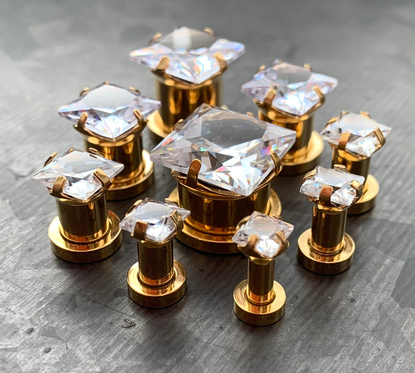 PAIR of Stunning Gold Large Square CZ Gem Steel Screw Fit Tunnels/Plugs - Gauges 8g (3.2mm) thru 1/2" (12mm) available!