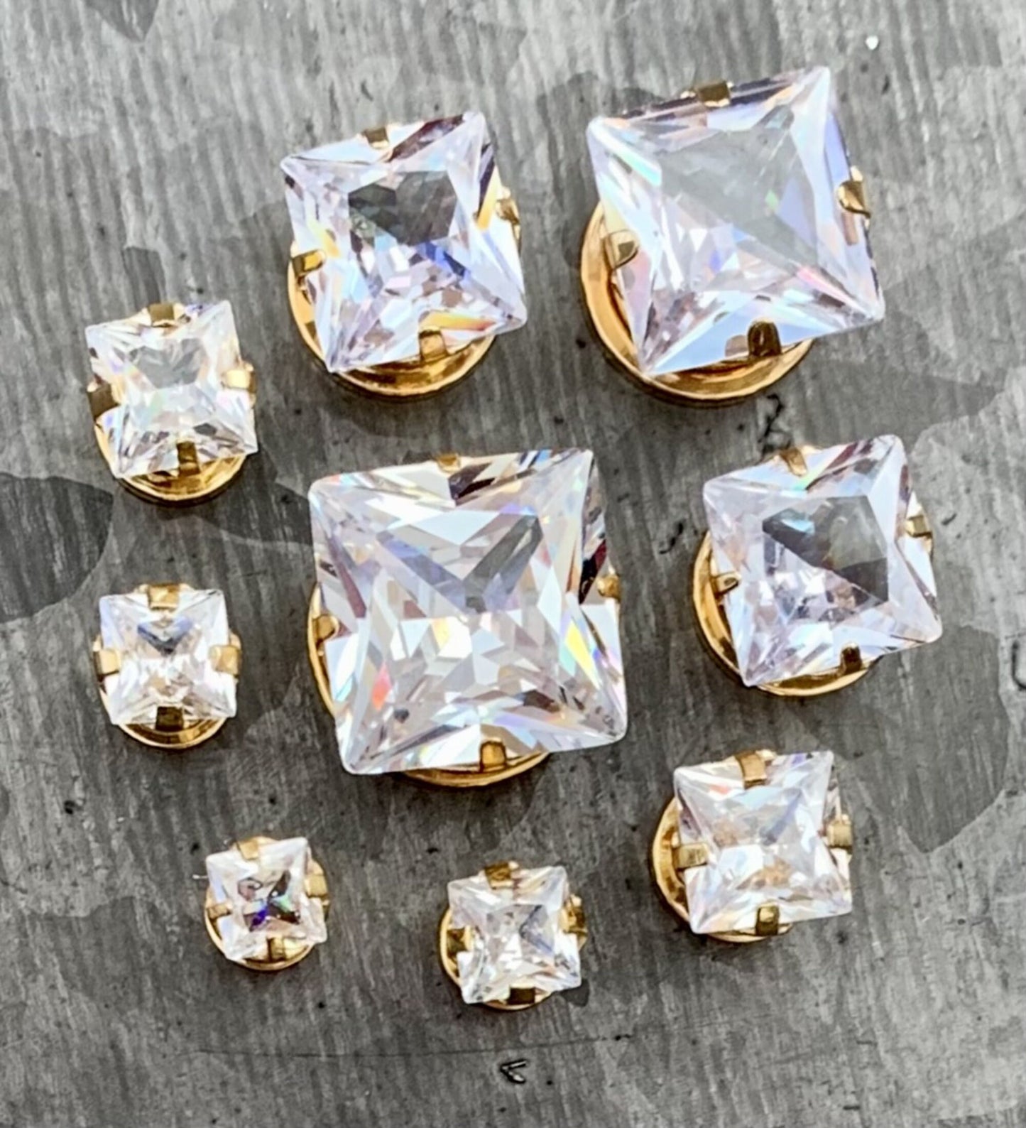 PAIR of Stunning Gold Large Square CZ Gem Steel Screw Fit Tunnels/Plugs - Gauges 8g (3.2mm) thru 1/2" (12mm) available!