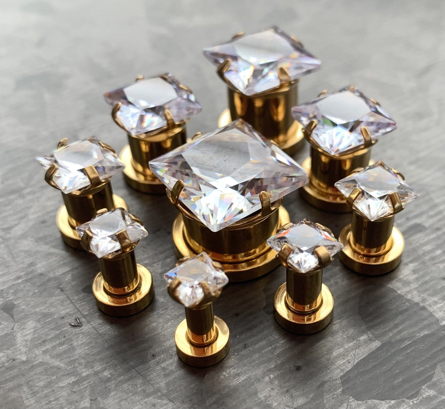 PAIR of Stunning Gold Large Square CZ Gem Steel Screw Fit Tunnels/Plugs - Gauges 8g (3.2mm) thru 1/2" (12mm) available!