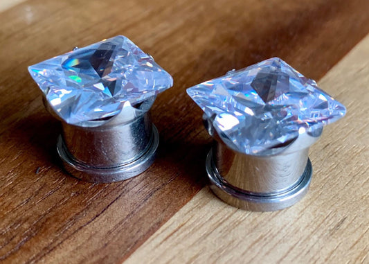 PAIR of Stunning Large Square CZ Gem Steel Screw Fit Tunnels/Plugs - Gauges 8g (3.2mm) thru 1/2" (12mm) available!