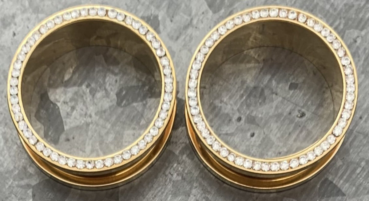 PAIR of Stunning Gold PVD plated CZ Gem Rimmed Tunnels/Plugs - Gauge 8g (3.2mm) thru 1" (25mm) available!