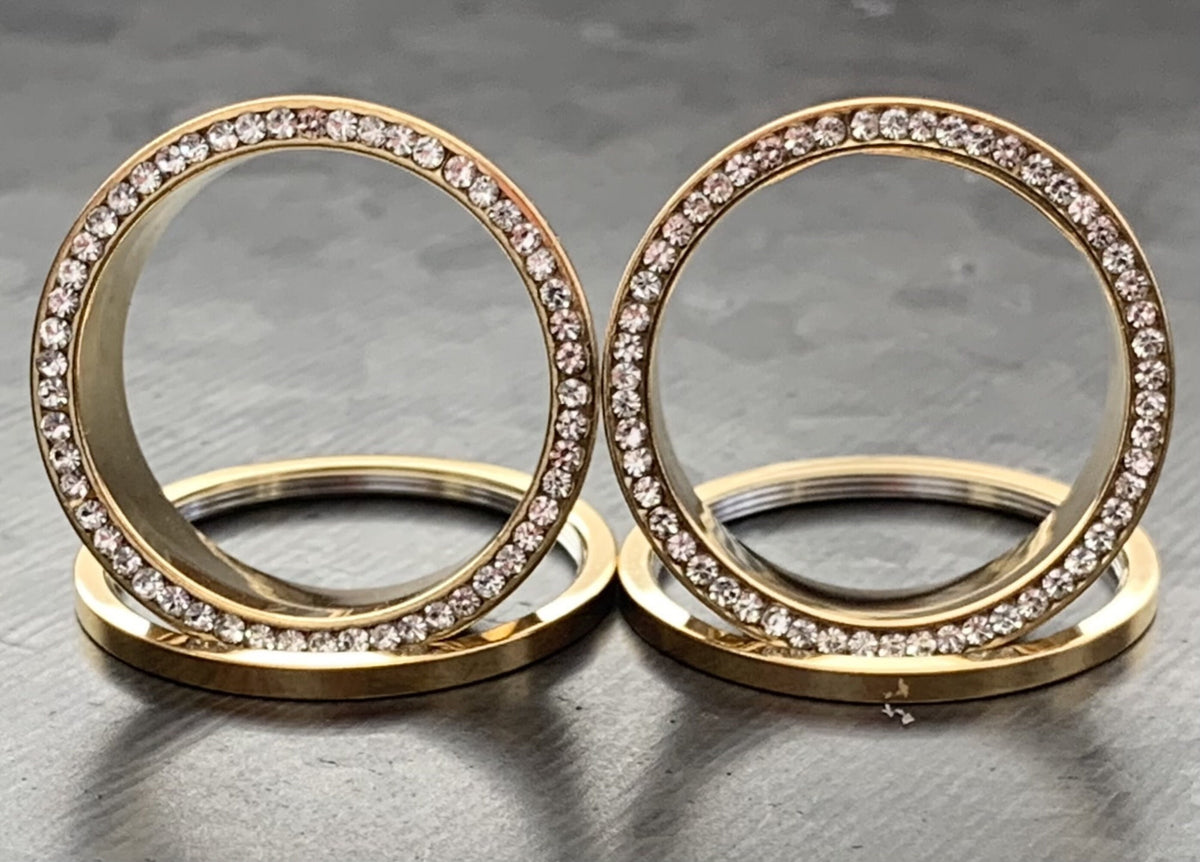 PAIR of Stunning Gold PVD plated CZ Gem Rimmed Tunnels/Plugs - Gauge 8g (3.2mm) thru 1" (25mm) available!