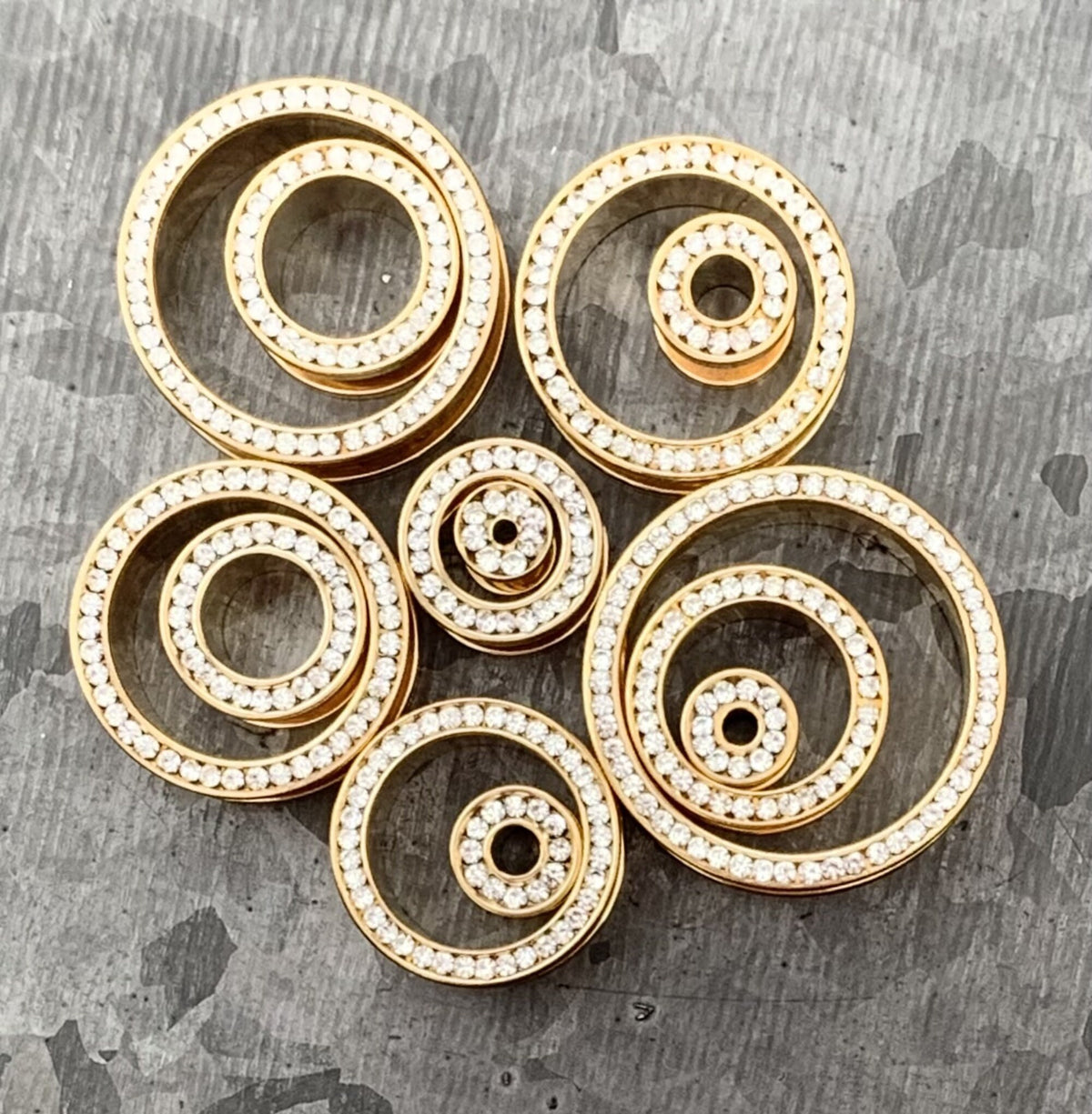 PAIR of Stunning Gold PVD plated CZ Gem Rimmed Tunnels/Plugs - Gauge 8g (3.2mm) thru 1" (25mm) available!