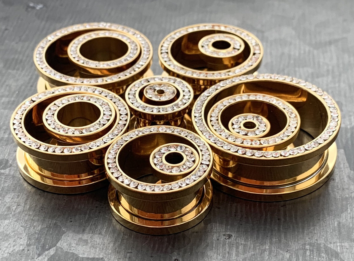 PAIR of Stunning Gold PVD plated CZ Gem Rimmed Tunnels/Plugs - Gauge 8g (3.2mm) thru 1" (25mm) available!