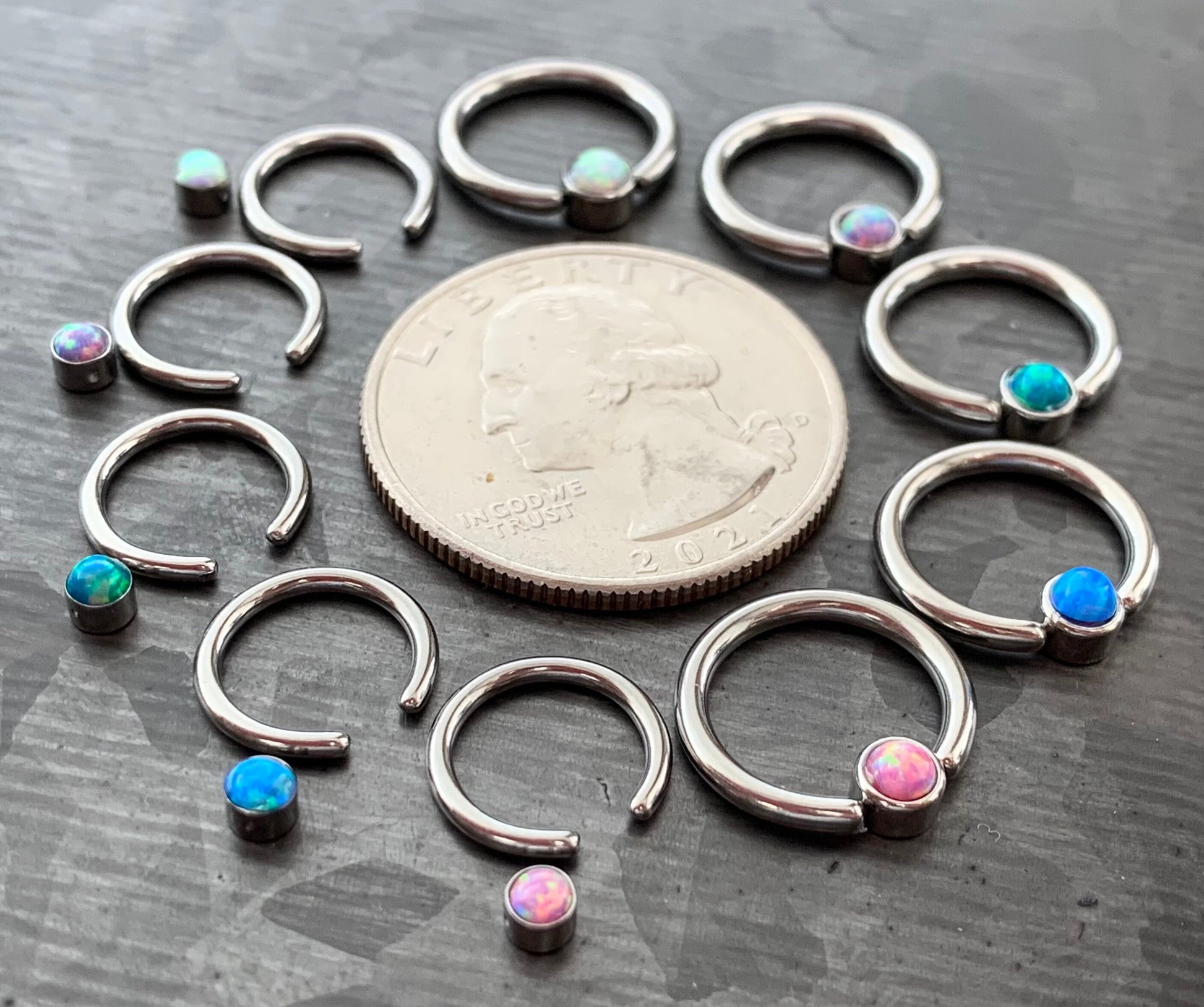 1 Piece of Opal Set Flat-Back Captive Bead Septum Ring - 16g or 14g - 8mm or 10mm - White, Purple, Blue, Pink or Green Available!