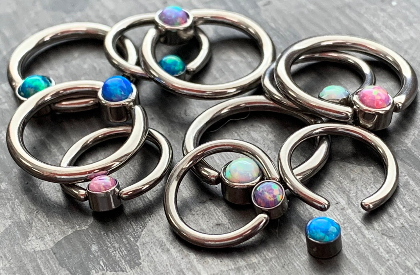 1 Piece of Opal Set Flat-Back Captive Bead Septum Ring - 16g or 14g - 8mm or 10mm - White, Purple, Blue, Pink or Green Available!