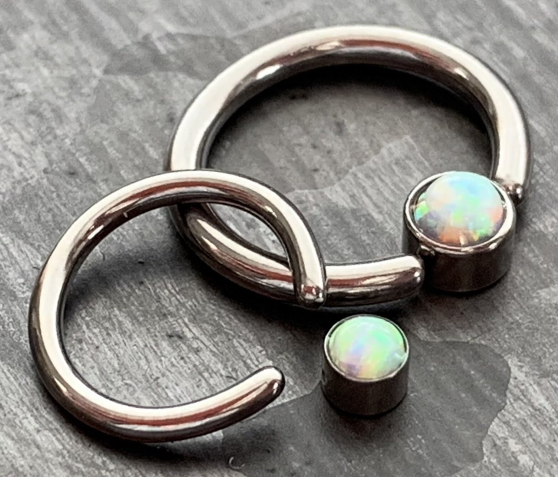 1 Piece of Opal Set Flat-Back Captive Bead Septum Ring - 16g or 14g - 8mm or 10mm - White, Purple, Blue, Pink or Green Available!