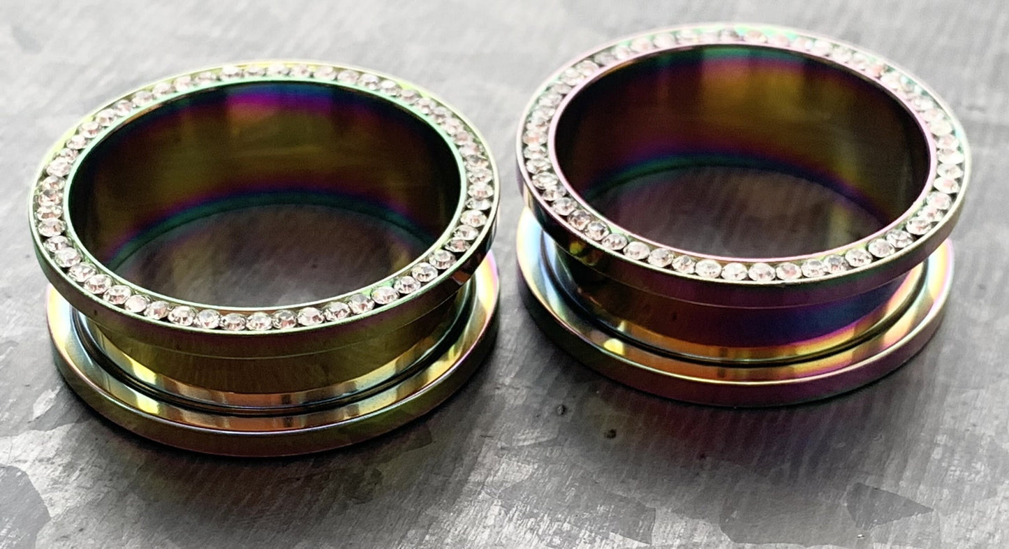 PAIR of Unique Rainbow PVD plated CZ Gem Rimmed Tunnels/Plugs - Gauge 10g (2.5mm) thru 1" (25mm) available!