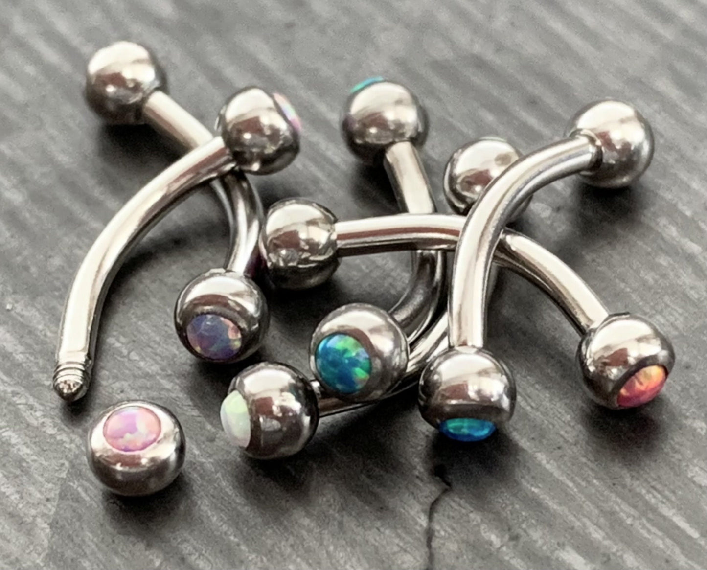 1 Piece Double Opal Curved Barbell Eyebrow Ring - 16g - Length 8mm - White, Blue, Green, Fuchsia, Pink and Purple Available!