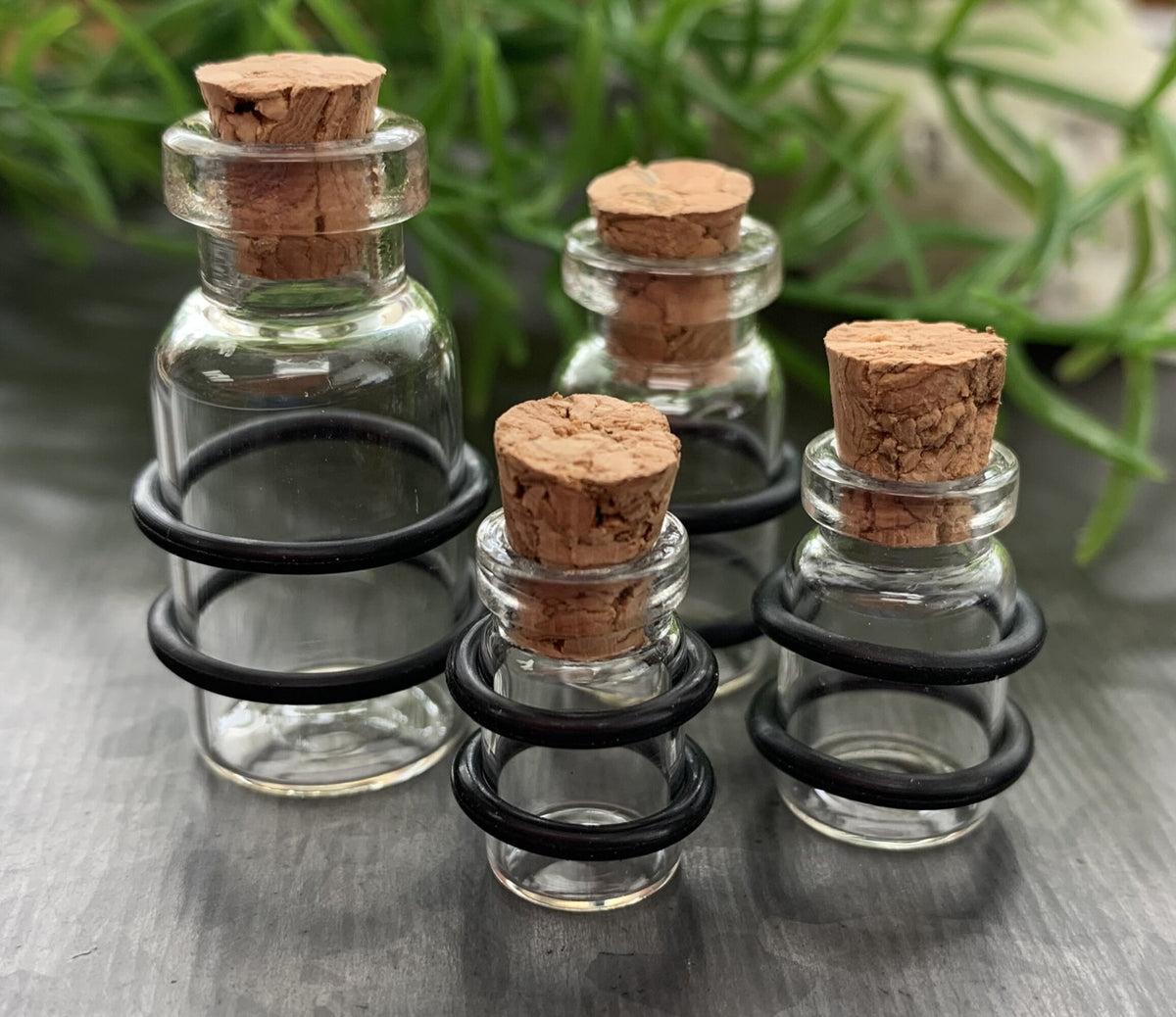 PAIR of Unique Clear Glass Corked Bottle Tunnels/Plugs with O-Rings - Gauges 00g (10mm) thru 5/8" (16mm) available!