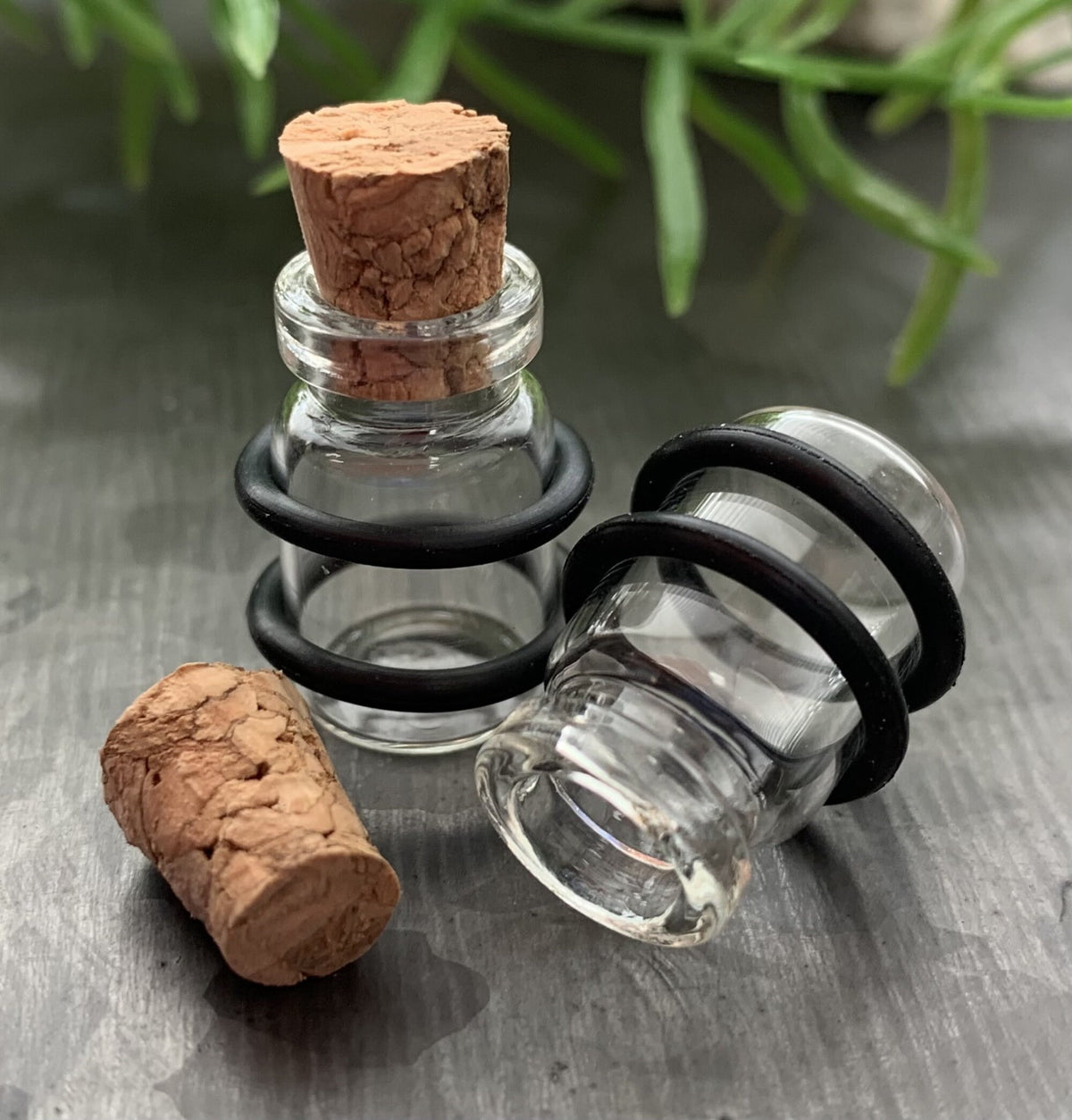 PAIR of Unique Clear Glass Corked Bottle Tunnels/Plugs with O-Rings - Gauges 00g (10mm) thru 5/8" (16mm) available!