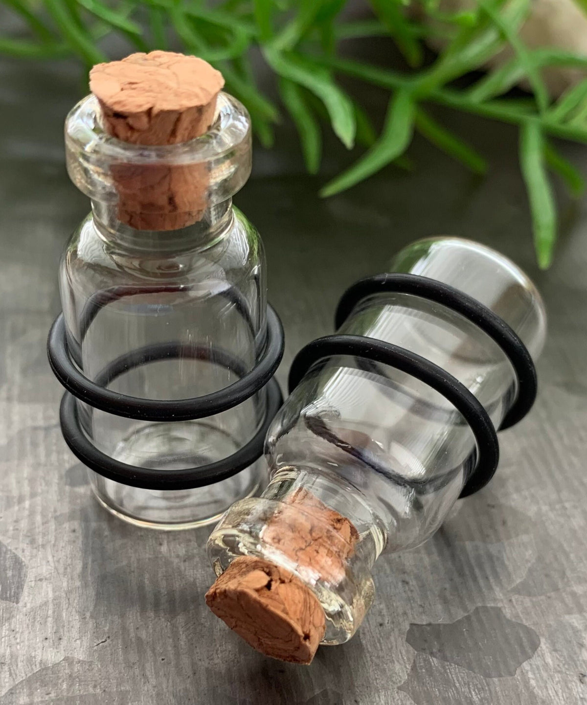 PAIR of Unique Clear Glass Corked Bottle Tunnels/Plugs with O-Rings - Gauges 00g (10mm) thru 5/8" (16mm) available!