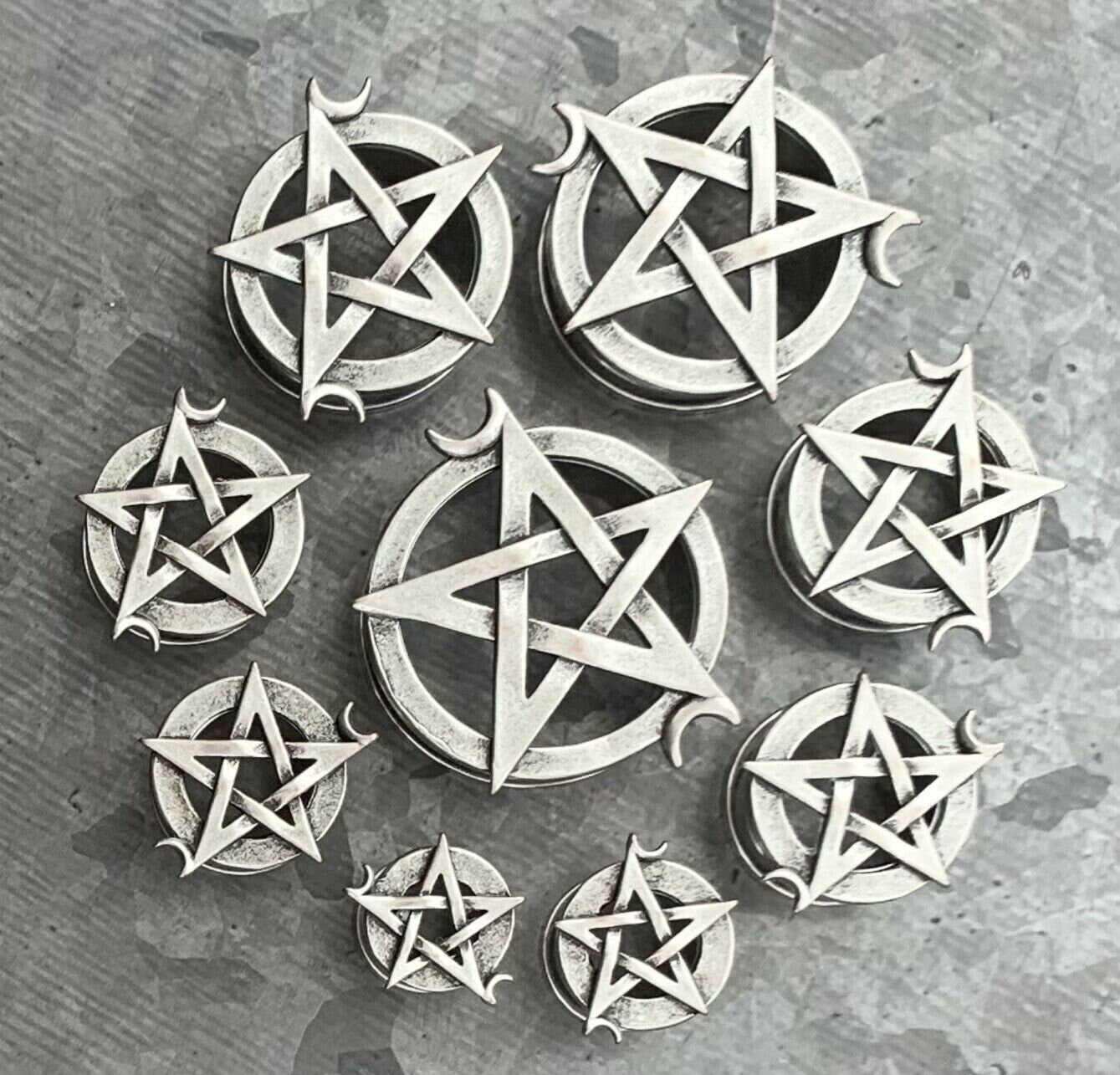 PAIR of Unique Pentagram with Two Crescent Moons Screw Fit Tunnels/Plugs - Gauges 0g (8mm) thru 1" (25mm) available!
